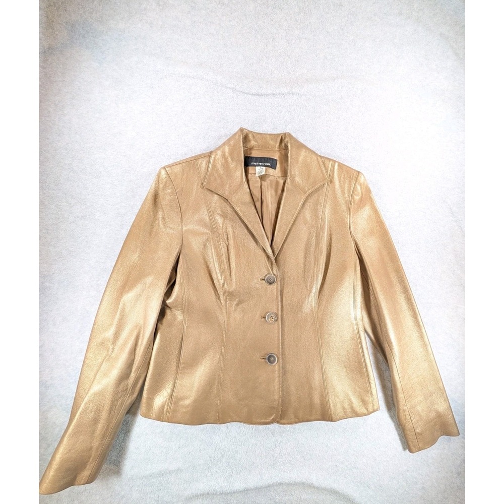 Vintage Jones New York Metallic Gold 100% Leather Jacket Women's Medium 90s Y2K - Picture 3 of 10